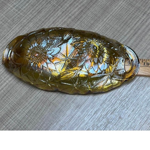 Vtg Retro Sunflower Floral Amber Lustre Glass Candy Dish Relish Condiment - Picture 9 of 10